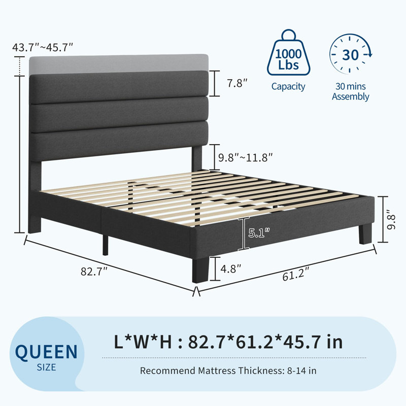 Structure de lit tapissier grand avec tête de lit réglable, support robuste, sans sommier tapissier, Grand lit