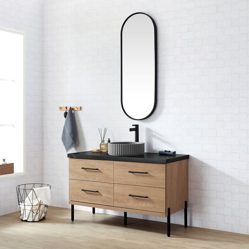 Meuble-lavabo simple 48 po Kaminski en chêne nord-américain avec plateau en pierre frittée noire avec lavabo en béton et miroir