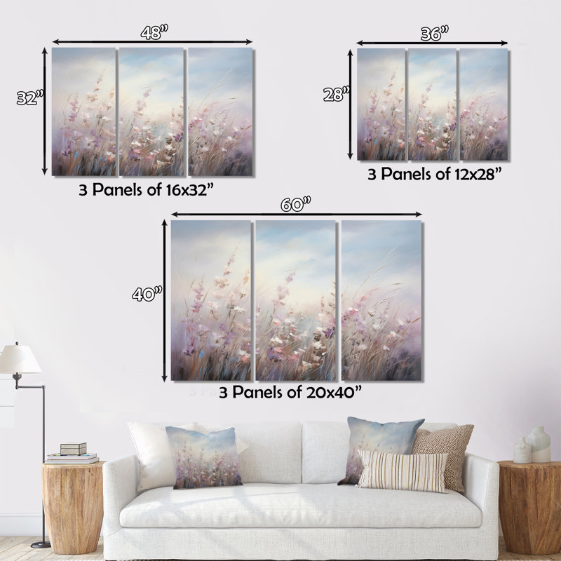 Fleurs mauves mauves murmurant la brise II sur toile, 3 pièces, H 40 po x l 60 po x P 1 po