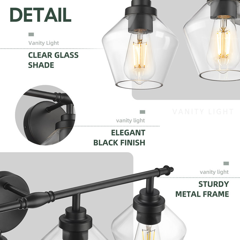 Luminaire pour salle de bain à 4 lumières avec abat-jour en verre transparent, noir, Noir mat, Quatre lumières