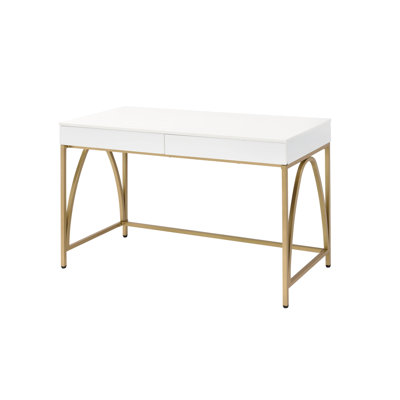 Gold Finish Rectangular Vanity Desk, 2 Manual - Close Drawers, High Gloss Wooden Construction, 30 Inches Depth White Desk With Accented Metal Legs, Storage 18Mm Top, Deep