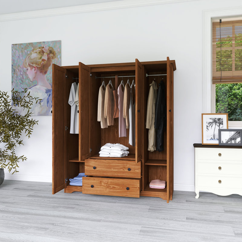 Armoire penderie en bois brun avec tiroirs, Noyer