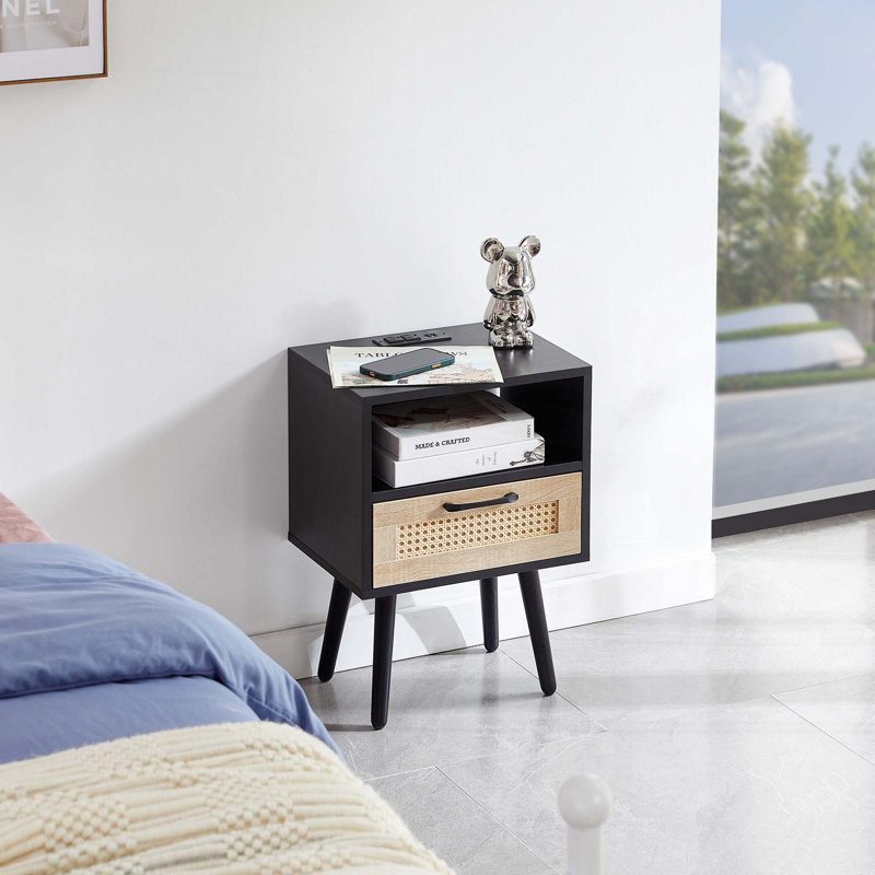 Table de bout de 15,75 po avec un tiroir et des pieds en bois massif, table de chevet moderne, table d'appoint pour le salon, la chambre à coucher