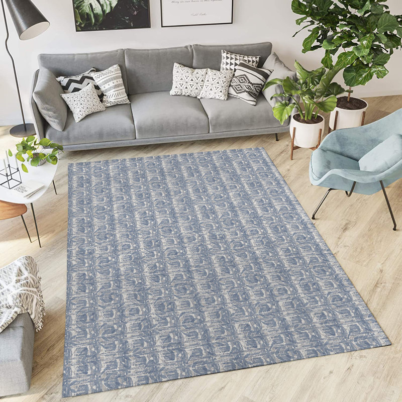 Tapis intérieur / extérieur bleu / gris clair en polyester tissé à la machine, Rectangle 2 pi x 3 pi
