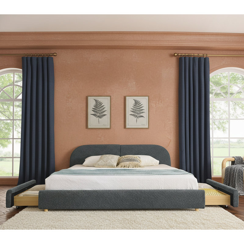 Très grande base de lit tapissier avec tête de lit courbée et rangement sur roulettes, Très grand lit, Gris foncé