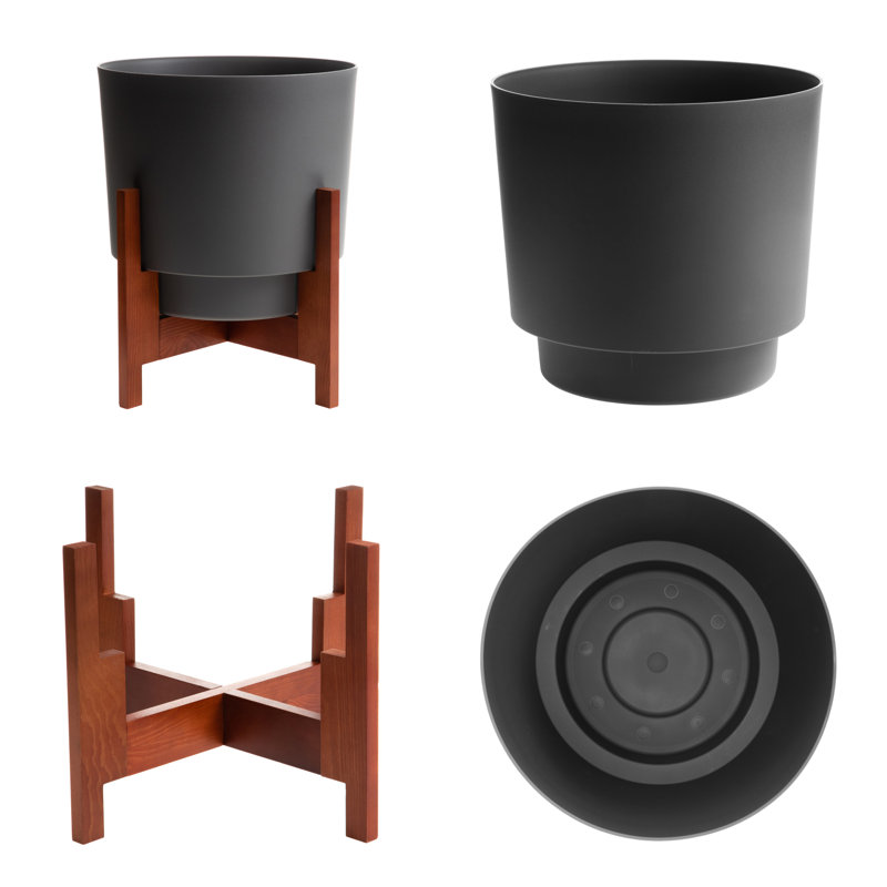 Ebern Modern Resin Pot Planter with Wooden Stand, 16" H x 12" W x 12" D, Charcoal Gray