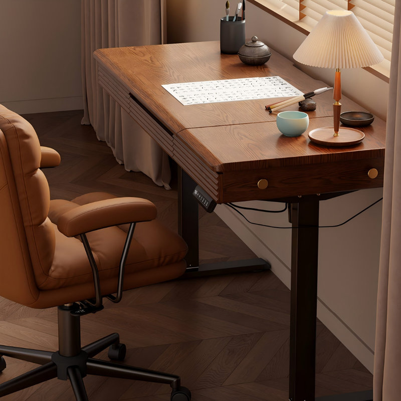 Bureau réglable en bois d'hévéa brun 55,12 po, H 32,28 po x l 55,12 po x P 23,62 po
