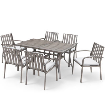Ensemble de salle à manger d'extérieur en chêne chaulé 7 pièces Seehill, ensemble pour 6 personnes avec coussins, table de patio et chaises toutes saisons Seehill, ensemble de meubles d'extérieur avec trou pour parasol pour terrasse, jardin, cour