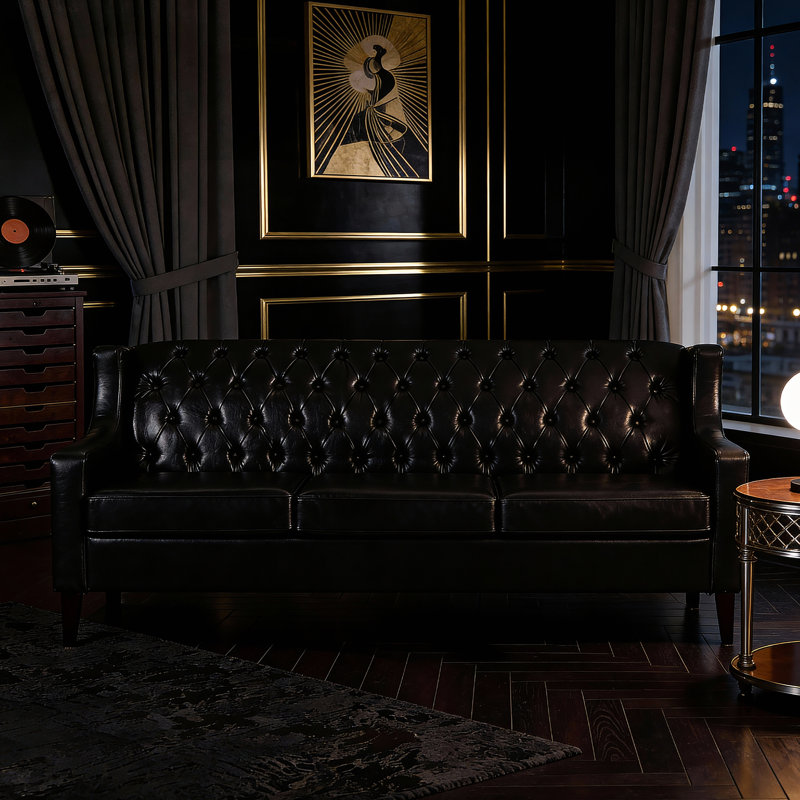 78.75" Tufted Faux Leather 3-Seater Sofa PU Chesfield Sofa, Black