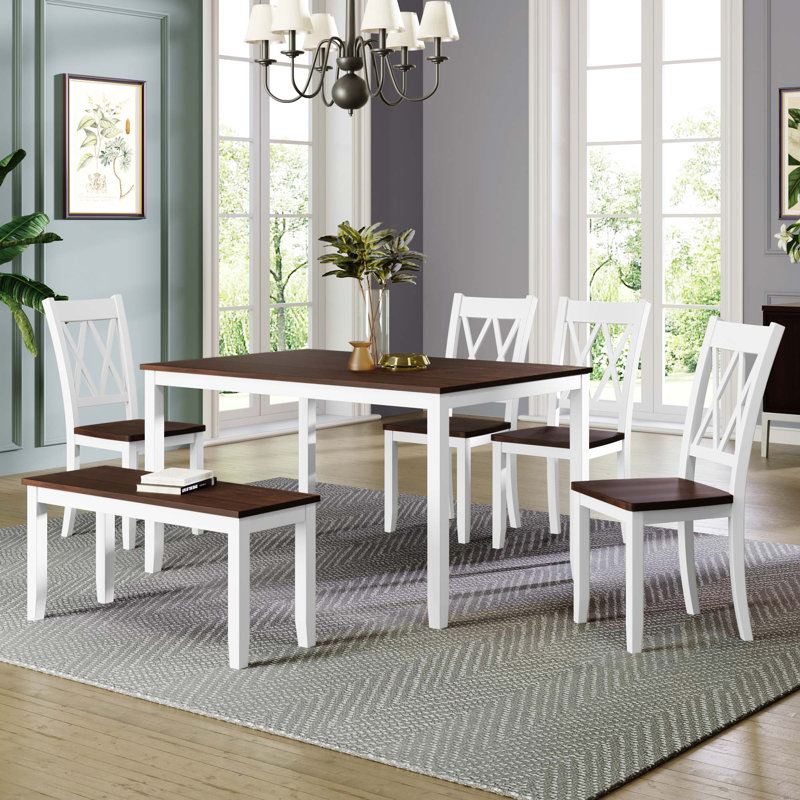 Ensemble de table de cuisine en bois 6 pièces, ensemble de table de salle à manger rustique rustique avec 4 chaises à dossier croisé et banc, blanc et cerisier