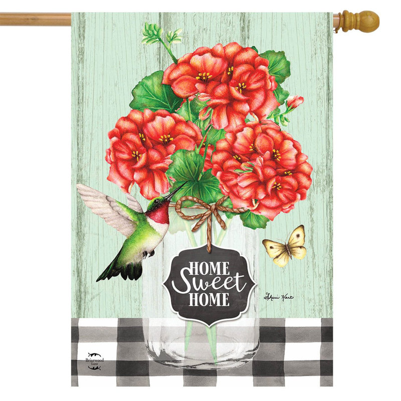 Drapeau maison d'été Home Sweet Home Geraniums, Printemps rouge/vert