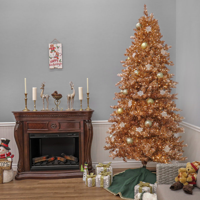 Rose Gold Fir Flocked/Frosted Christmas Tree with LED Lights, 9 Ft