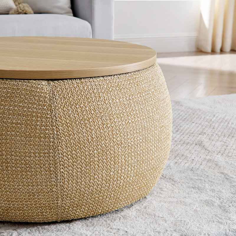 Round Storage Ottoman, Woven Rattan Fabric Ottoman, 2 In 1 Function, Work As End Table And Ottoman,With Small Seat-Nature