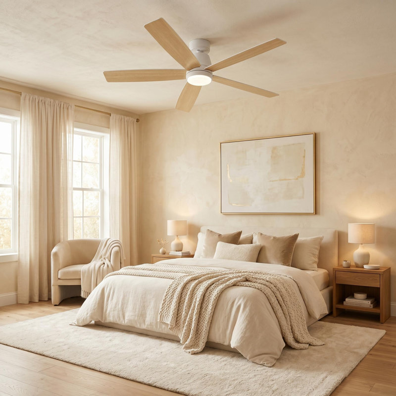 Ventilateur de plafond 52 po avec lumière et télécommande pour chambre à coucher, salon, salle à manger, Beige, Naturel