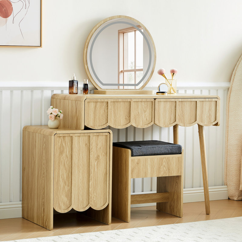 Ensemble de coiffeuse avec tabouret et miroir à DEL, Naturel