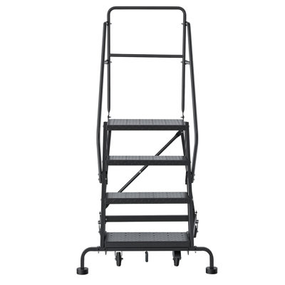Échelle mobile à 4 marches pour entrepôt, échelle industrielle en acier avec rampes, marches perforées antidérapantes et roues verrouillables, capacité de 204 kg (450 lb) pour garage ou bibliothèque