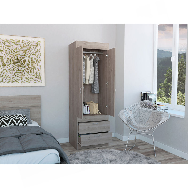 Armoire, porte double, 2 tiroirs, tringle, Gris clair