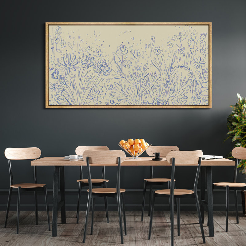 «Blue Botanical Line Art», toile encadrée - fond beige avec croquis floraux, Naturel, H 30 po x l 60 po