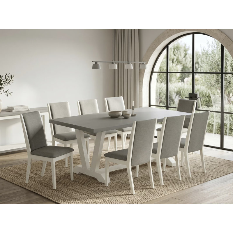 9-Piece Dining Room Table Set Consists of a Cement Wood Table and 8 Dark Shitake Linen Fabric Dining Chairs with High Back - Wire Brushed Linen White