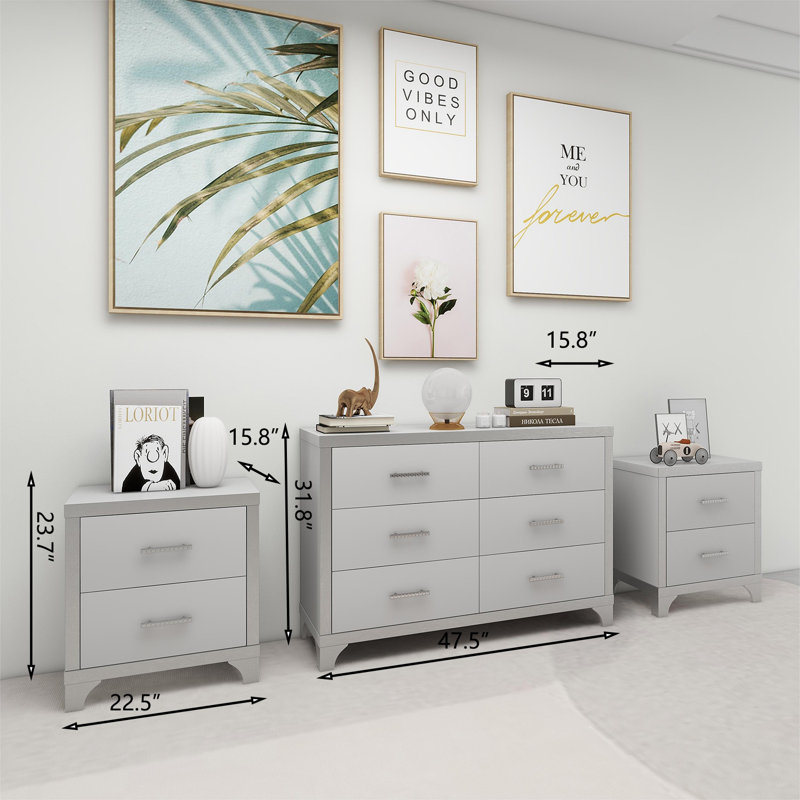 White 3-piece Set, Dressing Table And Two Bedside Tables, Including Metal Handles And Mirror Decoration