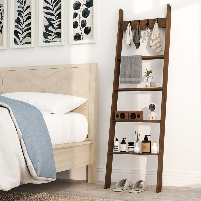 Bamboo Blanket Ladder 5-Tier Ladder Shelf With 4 Removable Hooks