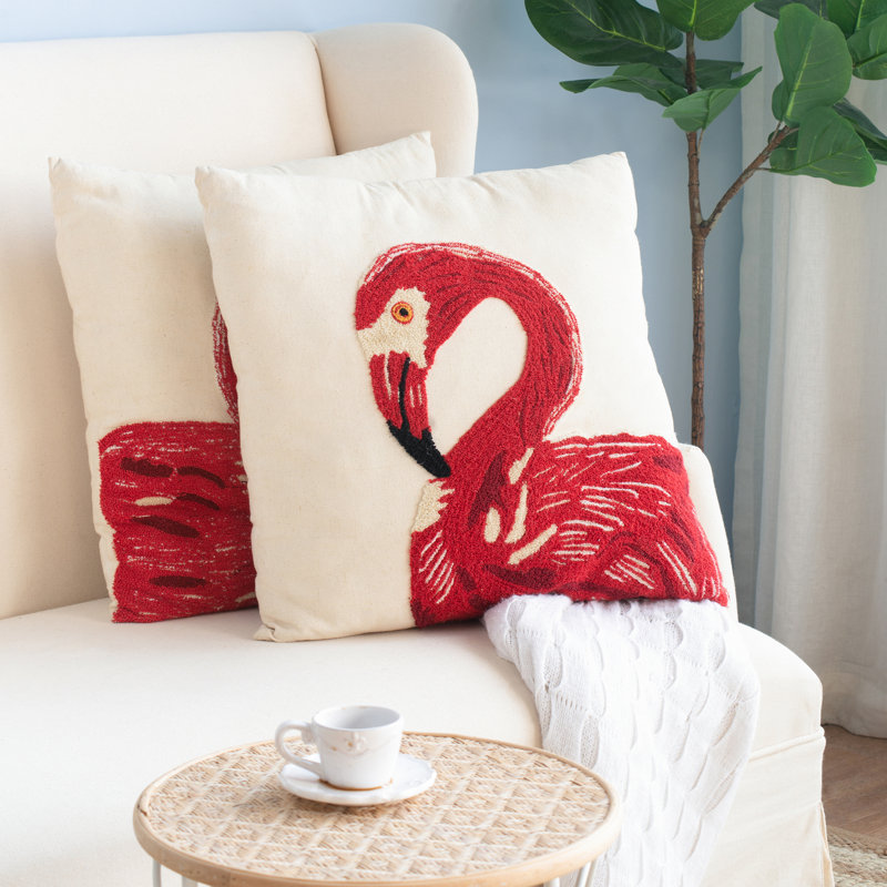 Set of 2 Red and White Embroidered Cotton Flamingo Pillows