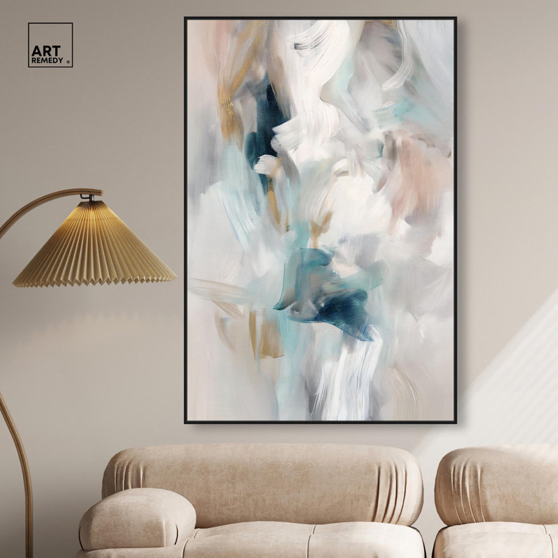 «Whispering Colors III», art abstrait vert par , Cadre flottant noir, H 55 po x l 37 po