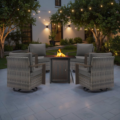 Drazen 4 - Person Patio Furniture Set With Fire Pit Table, All-Weather Wicker Outdoor Conversation Set With Chair And Thick Cushions