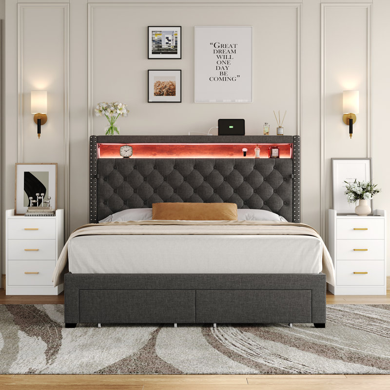 Ensemble de chambre à coucher 3 pièces, lit tapissier avec 2 tables de chevet avec 3 tiroirs et chargement USB, taille compacte pouvant servir de tables d'appoint