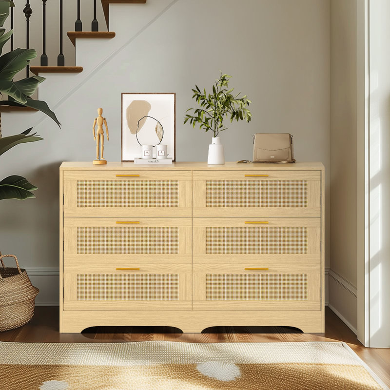 Commode élégante en rotin à 6 tiroirs - Rangement polyvalent, Jaune