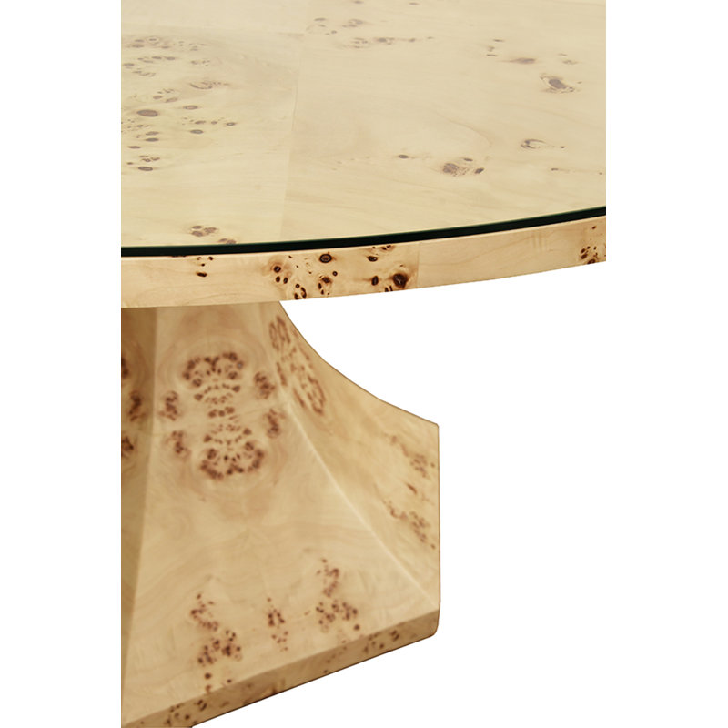 Glass Dining Table, Matte Burl Wood