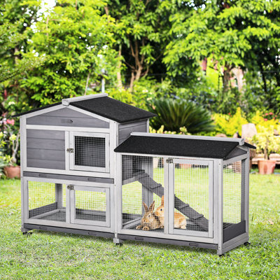 62" Wooden Rabbit House With Run Box, Ramp And No Leak Tray For Small Pets, Grey Pet Cage No-leak Portable Quality -