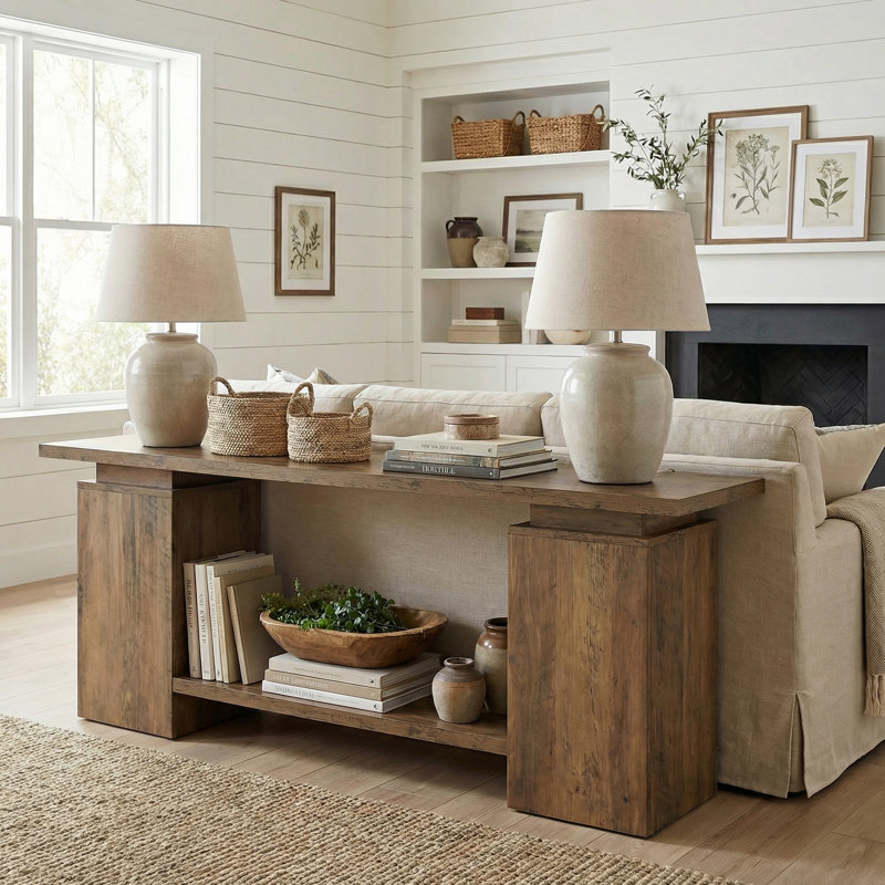 Console rustique en bois aggloméré de 62,99 po, table de canapé longue derrière le canapé, table de hall d'entrée avec tablette de rangement ouverte pour les salons transitionnels industriels de style campagnard