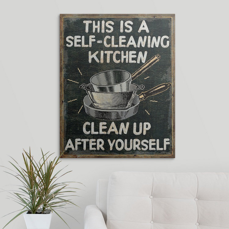 « self cleaning cuisine », art textuel, H 30 po x l 24 po x P 1,5 po, Toile