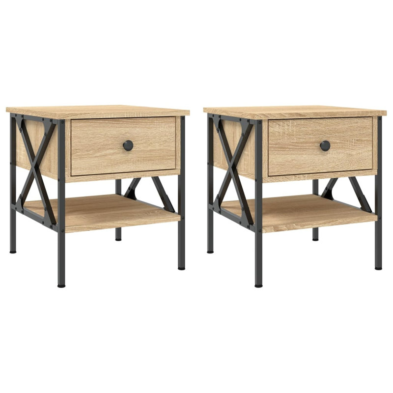 Tahnaout 40cm W Iron Bedside Table, Set of 2, Sonoma Oak