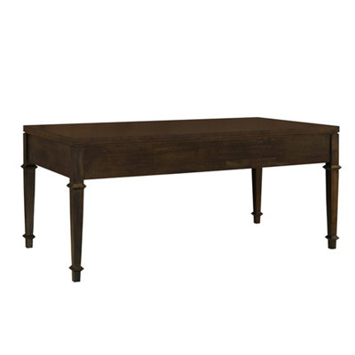 Fluted 2-Drawer Dark Brown Wood Coffee Table with Antique Brass Hardware, Perfect for Modern and Traditional Interiors.