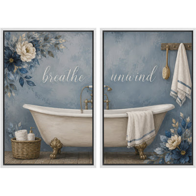 Breathe and Unwind Blue Floral Bathtub Spa Artwork, Bathroom Pictures, Framed Canvas Giclee Print 2 Pieces Wall Art - 16"x24"x2pcs