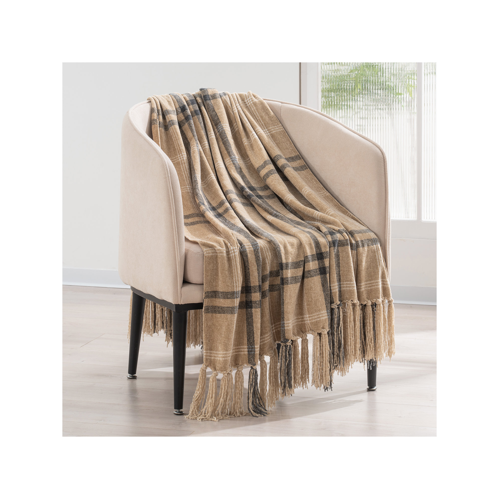 Soft Chenille Throw Blanket, Khaki/Gray Plaid, 60" L x 50" W