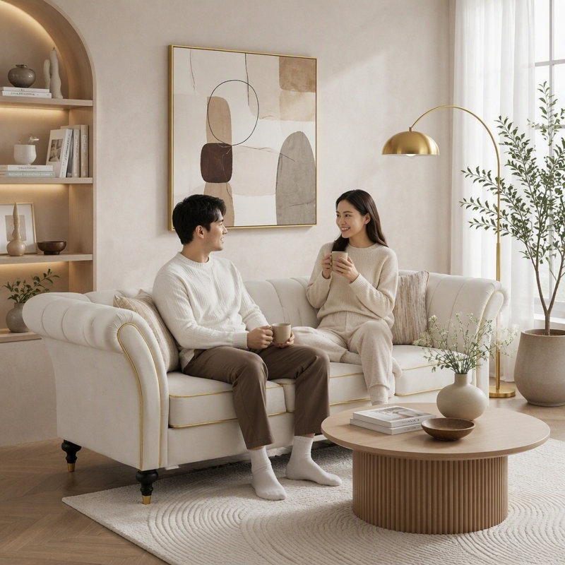 Canapé 3 places en velours de 227 cm (89,5 po) avec dossier capitonné et structure en bois massif, Velours blanc crème