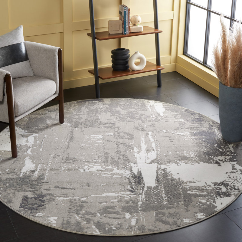 Tapis abstrait en polypropylène tissé à la machine Buitron en ivoire / gris / gris anthracite, Rond 6 pi 7 po