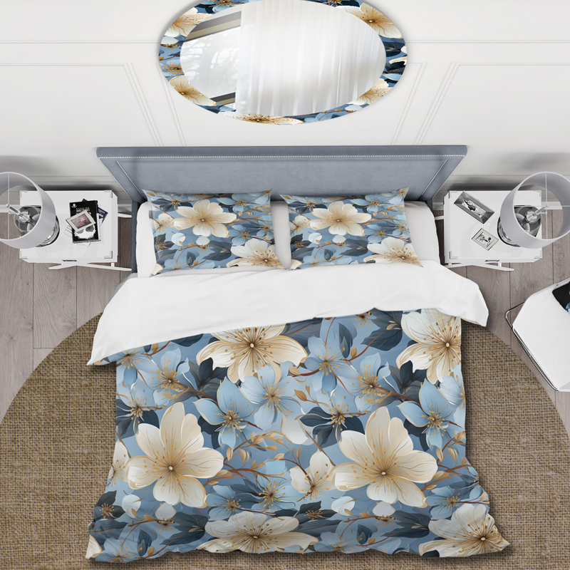 Motif floral bleu rétro - ensemble de housse de couette floral - microfibre de polyester