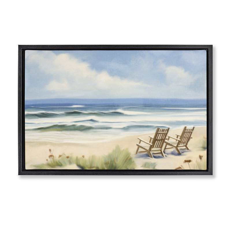 «Beach Coast Chair View Floater», art mural par Kim Allen, Cadre flottant noir de jais, H 17 po x l 25 po
