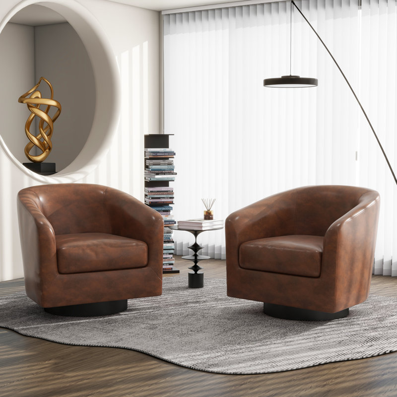 Fauteuil demi-tonneau pivotant en similicuir avec base en bois massif Applewold, Similicuir café