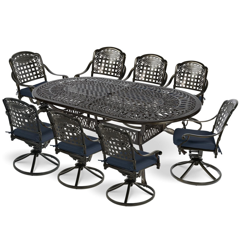 8 - Person Oval Outdoor Dining Set with Cushions, Navy Blue