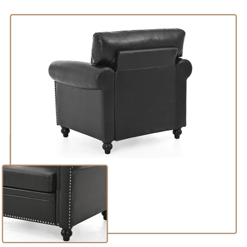 Fauteuil classique en similicuir avec garniture cloutée, structure en bois et coussin à ressorts ensachés, Noir