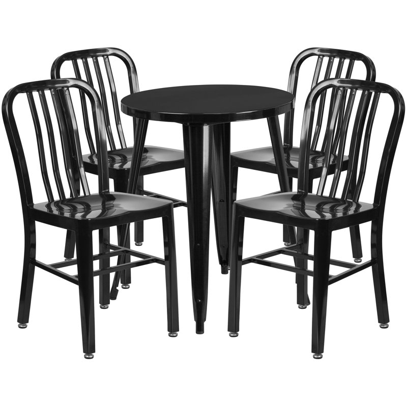 Ensemble de table ronde intérieure / extérieure en métal 24 po avec 4 chaises à dossier vertical à lattes Scotia, Noir