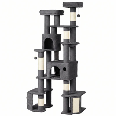 Arbre à chat gris foncé de 200 cm de haut pour grands chats, à plusieurs niveaux avec double base, niches, hamac, poteaux à griffer en sisal et espace de rangement central.