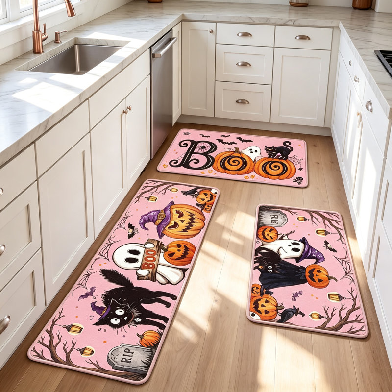 Ensemble de 3 tapis de cuisine Halloween Boo Pumpkin Ghost, Pink