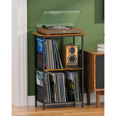 Vinyl Record Player Stand for 200 Albums - Solid Wood Turntable Table with Extended Desktop