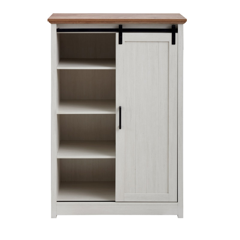 Farmhouse Accent Chest With Sliding Barn Door And 5 Drawers - Rustic Charm And Practical Storage, Oak/White